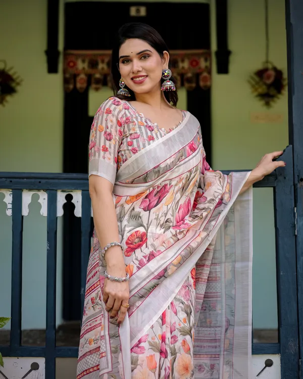 Elegant_Floral_Print_Pure_Cotton_Linen_Saree_in_Ivory_with_Multicolor_Florals_and_Tassels_With_Unstitched_Blouse