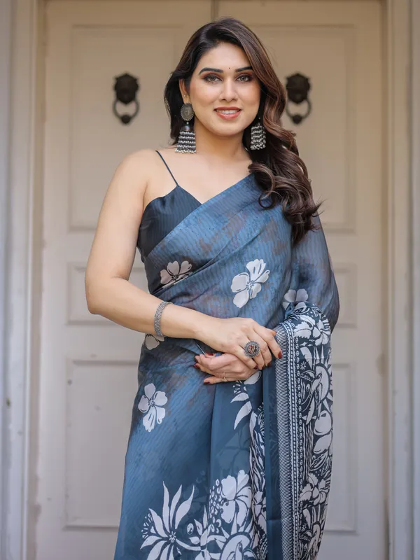 Steel_Blue_Satin_Georgette_Floral_Printed_Saree_with_Designer_Blouse_for_Women_|_Elegant_Party_Wear_Saree