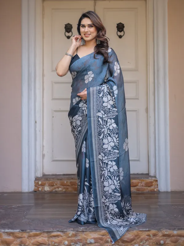 Steel_Blue_Satin_Georgette_Floral_Printed_Saree_with_Designer_Blouse_for_Women_|_Elegant_Party_Wear_Saree