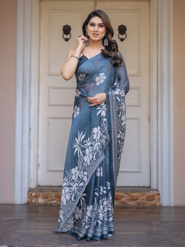 Steel_Blue_Satin_Georgette_Floral_Printed_Saree_with_Designer_Blouse_for_Women_|_Elegant_Party_Wear_Saree