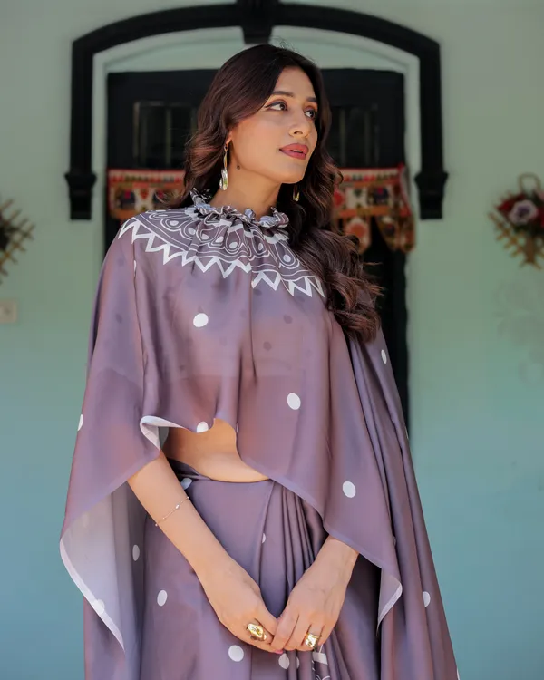 Mocha_Beige_Satin_Georgette_Saree_White_Polka_Dots_&_Mandala_Pallu__With_Unstitched_Blouse