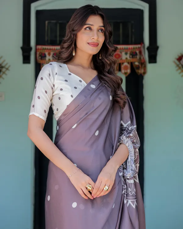 Mocha_Beige_Satin_Georgette_Saree_White_Polka_Dots_&_Mandala_Pallu__With_Unstitched_Blouse