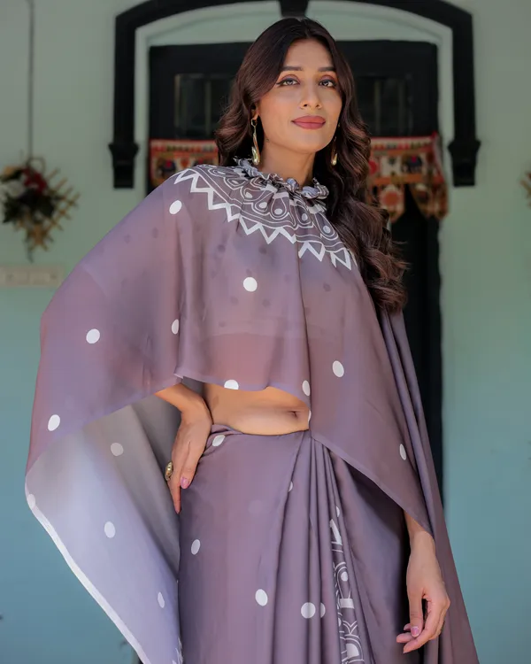 Mocha_Beige_Satin_Georgette_Saree_White_Polka_Dots_&_Mandala_Pallu__With_Unstitched_Blouse