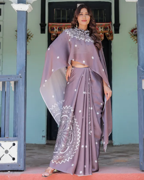 Mocha_Beige_Satin_Georgette_Saree_White_Polka_Dots_&_Mandala_Pallu__With_Unstitched_Blouse