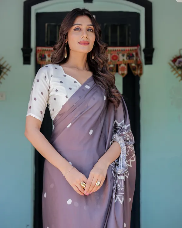 Mocha_Beige_Satin_Georgette_Saree_White_Polka_Dots_&_Mandala_Pallu__With_Unstitched_Blouse