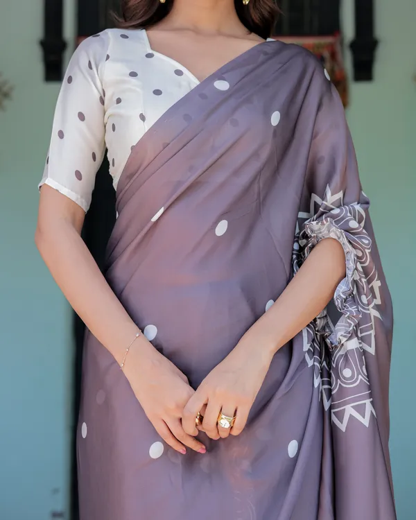 Mocha_Beige_Satin_Georgette_Saree_White_Polka_Dots_&_Mandala_Pallu__With_Unstitched_Blouse