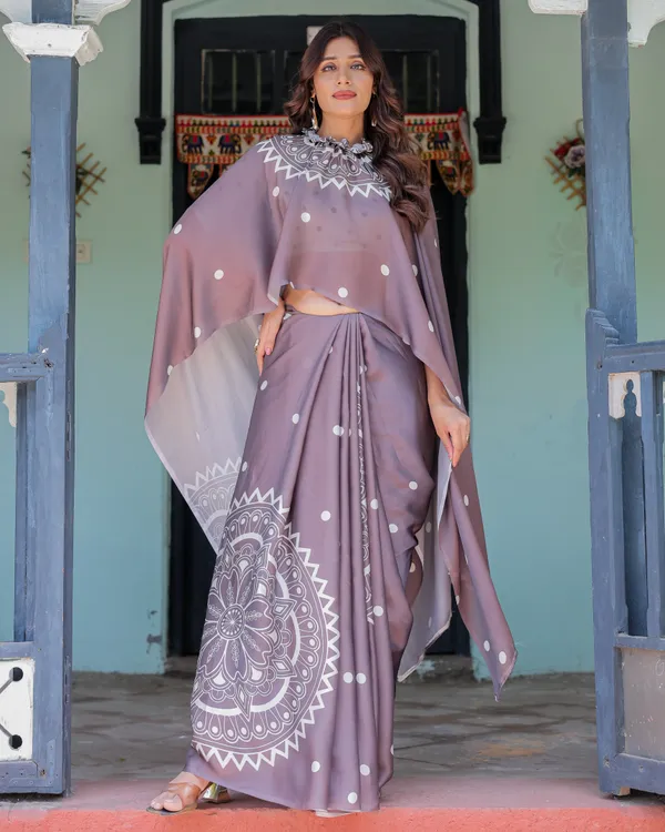 Mocha_Beige_Satin_Georgette_Saree_White_Polka_Dots_&_Mandala_Pallu__With_Unstitched_Blouse