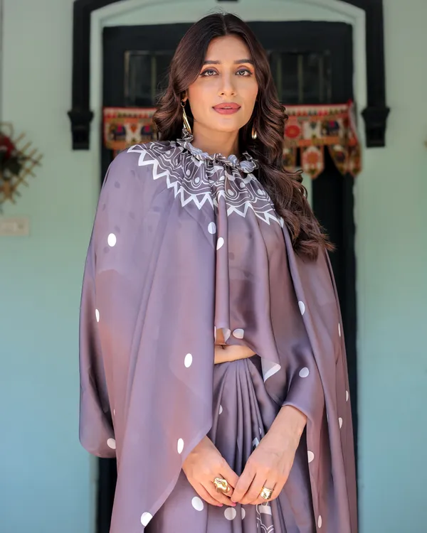 Mocha_Beige_Satin_Georgette_Saree_White_Polka_Dots_&_Mandala_Pallu__With_Unstitched_Blouse