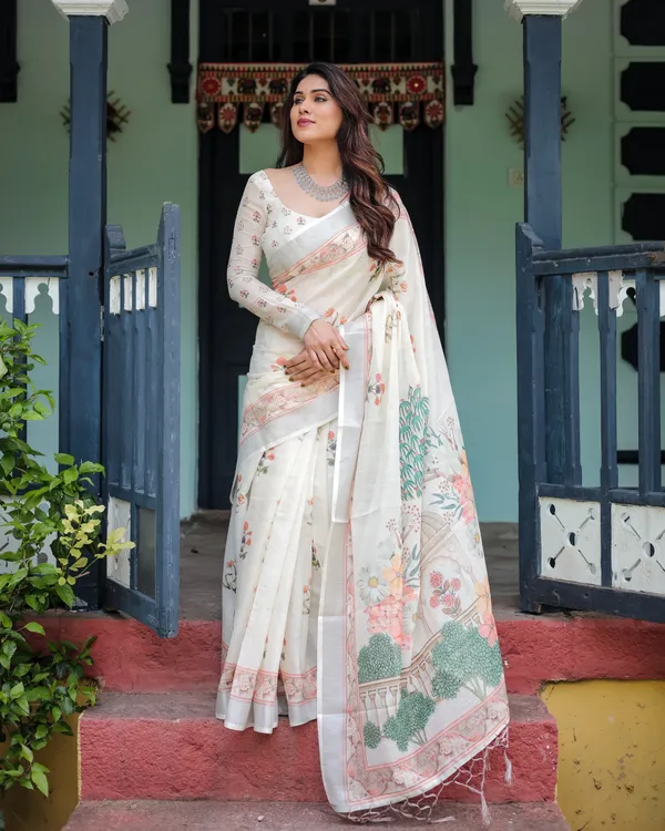 Ivory_Pure_Cotton_Linen_Saree_with_Pastel_Floral_Design_And_Tassel_Detailing_With_Unstitched_Blouse