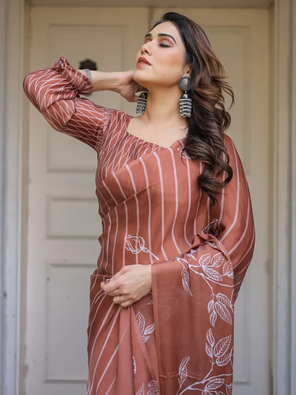 Rust_Brown_Striped_Printed_Satin_Georgette_Saree_with_Designer_Blouse_|_Elegant_Party_Wear_Saree_for_Women