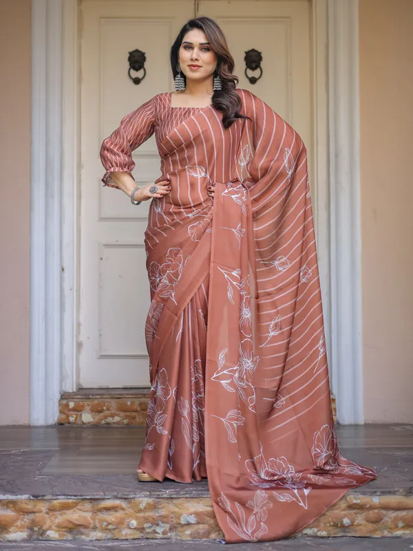 Rust_Brown_Striped_Printed_Satin_Georgette_Saree_with_Designer_Blouse_|_Elegant_Party_Wear_Saree_for_Women