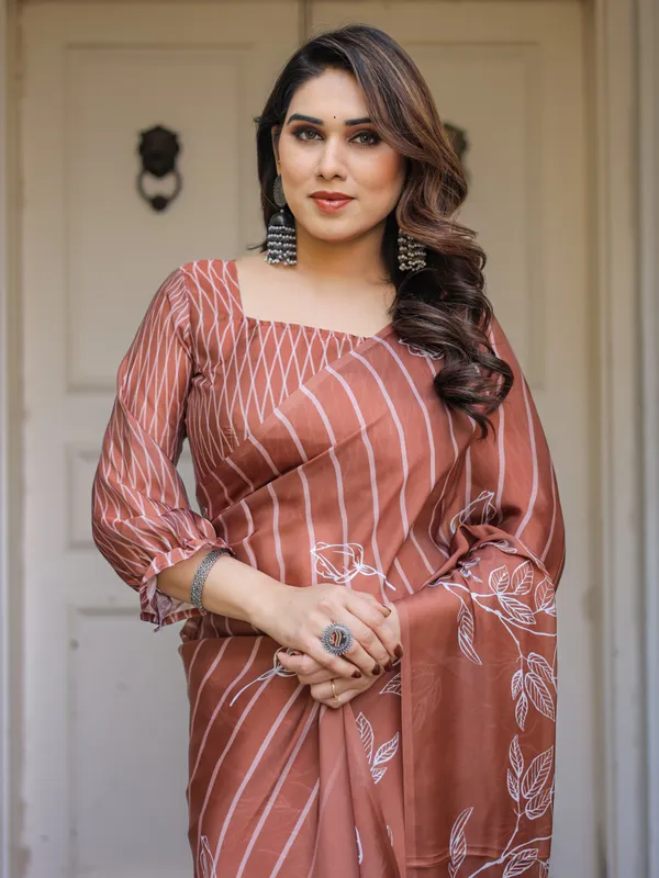 Rust_Brown_Striped_Printed_Satin_Georgette_Saree_with_Designer_Blouse_|_Elegant_Party_Wear_Saree_for_Women