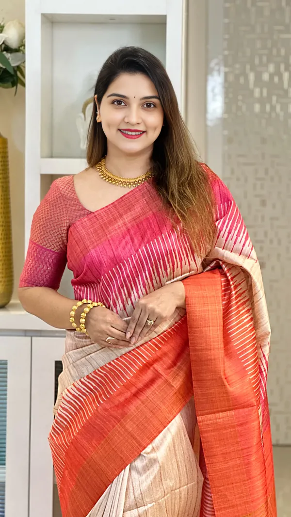 Soft_Tussar_Silk_sarees_with_Beautiful_Print_With_Attractive_Border_And_Contrast_Print_Blouse_With_Tassels_in_new_styles
