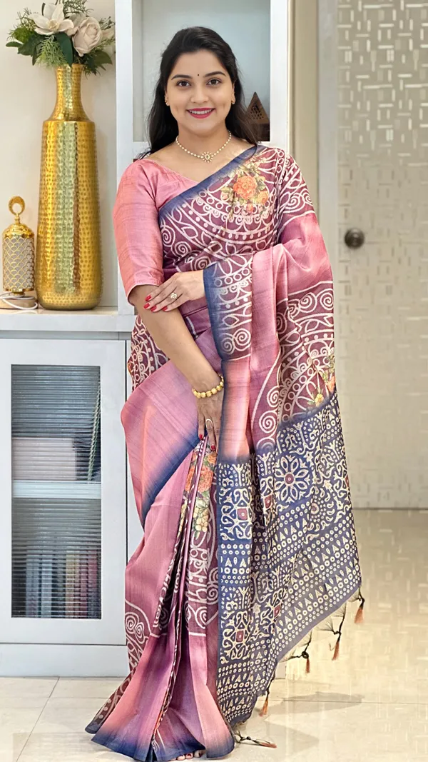 Soft_Tussar_Silk_sarees_with_Beautiful_Print_With_Attractive_Zari_Line_Saree_And_Print_Blouse_With_Tassels
