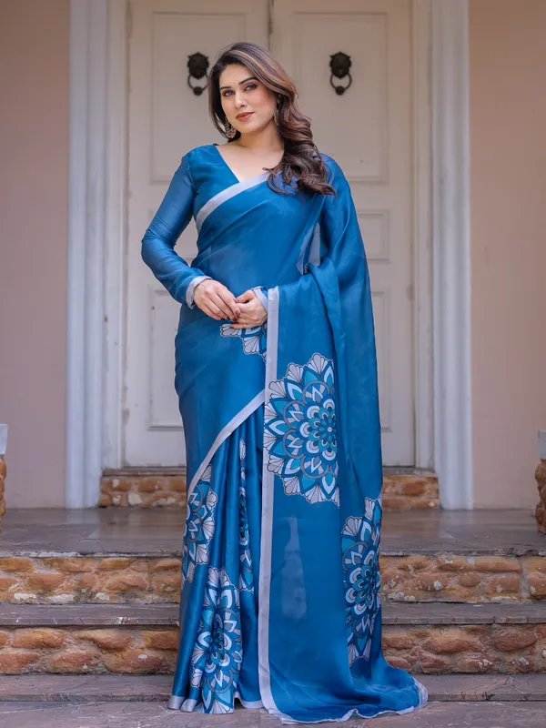 Teal_Blue_Printed_Satin_Georgette_Saree_for_Women_with_Designer_Blouse_|_Elegant_Party_Wear_Saree