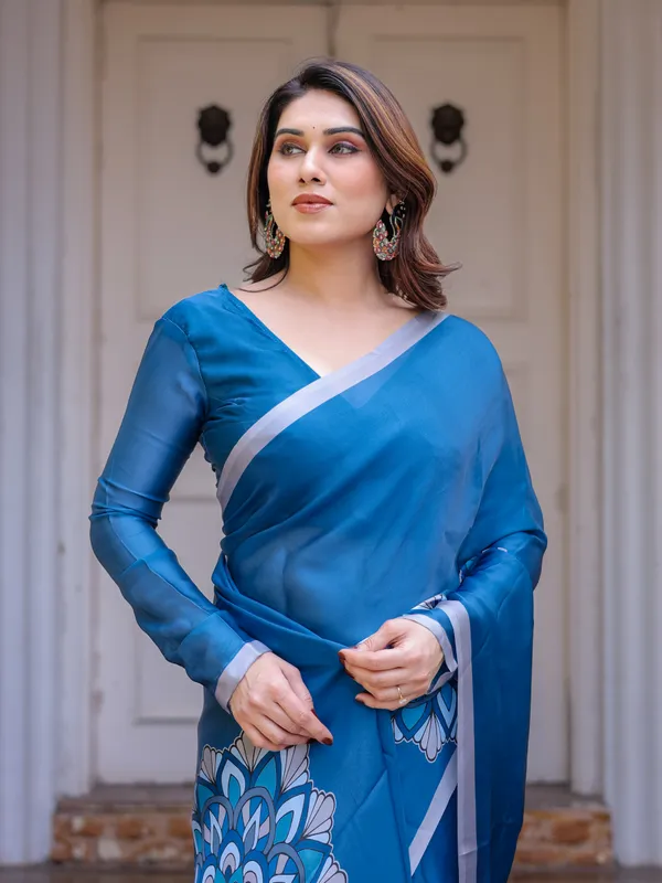 Teal_Blue_Printed_Satin_Georgette_Saree_for_Women_with_Designer_Blouse_|_Elegant_Party_Wear_Saree
