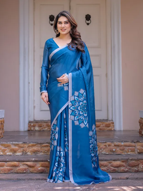 Teal_Blue_Printed_Satin_Georgette_Saree_for_Women_with_Designer_Blouse_|_Elegant_Party_Wear_Saree
