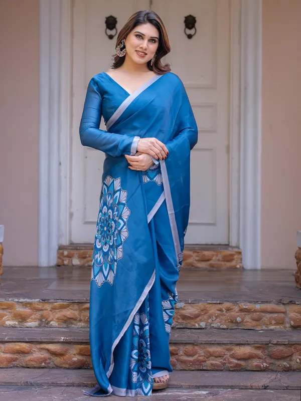 Teal_Blue_Printed_Satin_Georgette_Saree_for_Women_with_Designer_Blouse_|_Elegant_Party_Wear_Saree