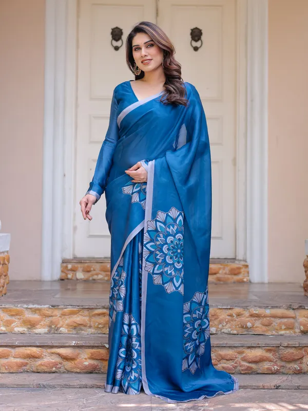 Teal_Blue_Printed_Satin_Georgette_Saree_for_Women_with_Designer_Blouse_|_Elegant_Party_Wear_Saree