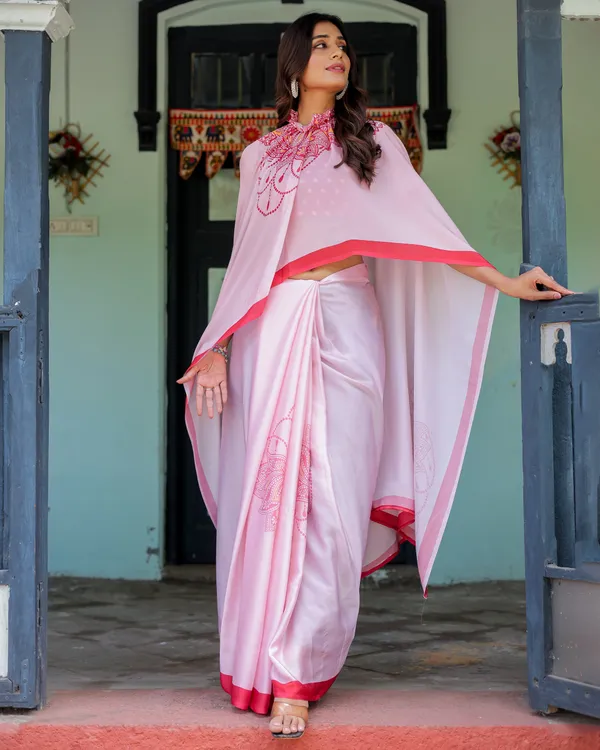 Baby_Pink_Designer_Saree_with_Mandala_Pallu_&_Polka_Dot__Satin_Georgette_Handsfree_Pallu_Feature_With_Unstitched_Blouse