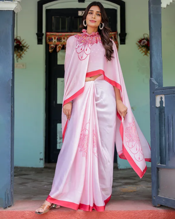Baby_Pink_Designer_Saree_with_Mandala_Pallu_&_Polka_Dot__Satin_Georgette_Handsfree_Pallu_Feature_With_Unstitched_Blouse