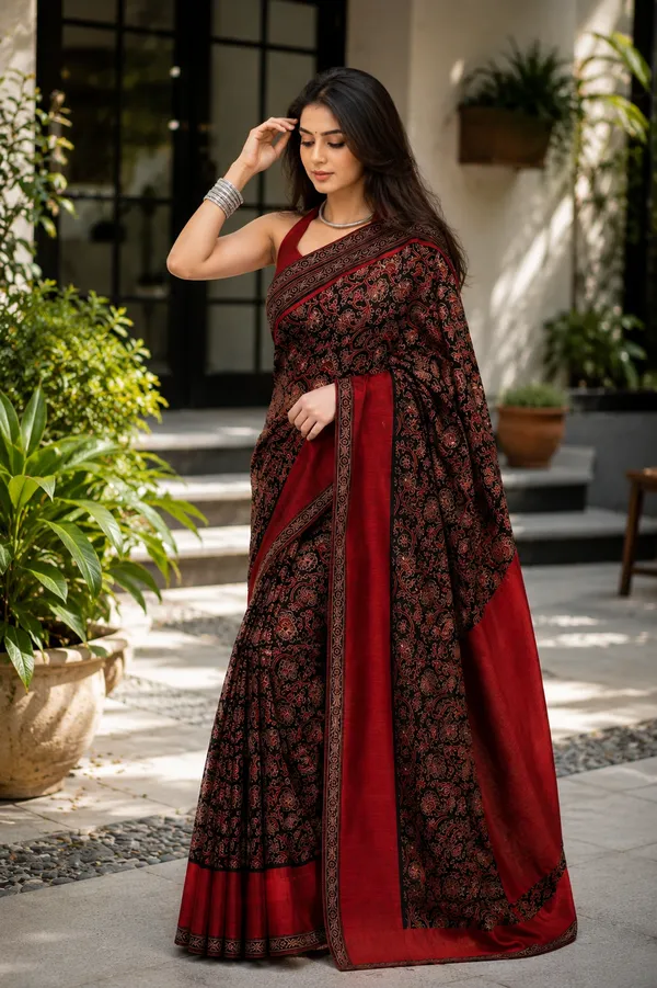Maroon_&_Black_Floral_Ajrakh_Bindi_Japan_Silk_Saree_with_Rich_Pallu