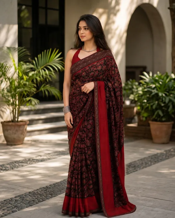 Maroon_&_Black_Floral_Ajrakh_Bindi_Japan_Silk_Saree_with_Rich_Pallu