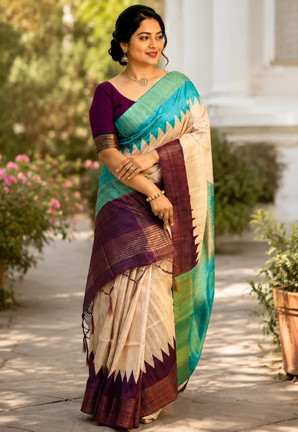 Soft_Tussar_Silk_sarees_with_Beautiful__Print_With_Attractive_Temple_Border_And_Contrast_Print_Blouse_With_Tassels_in_new_styles