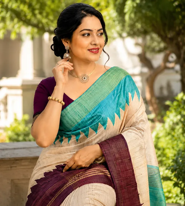 Soft_Tussar_Silk_sarees_with_Beautiful__Print_With_Attractive_Temple_Border_And_Contrast_Print_Blouse_With_Tassels_in_new_styles
