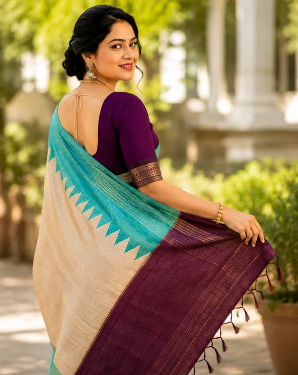 Soft_Tussar_Silk_sarees_with_Beautiful__Print_With_Attractive_Temple_Border_And_Contrast_Print_Blouse_With_Tassels_in_new_styles