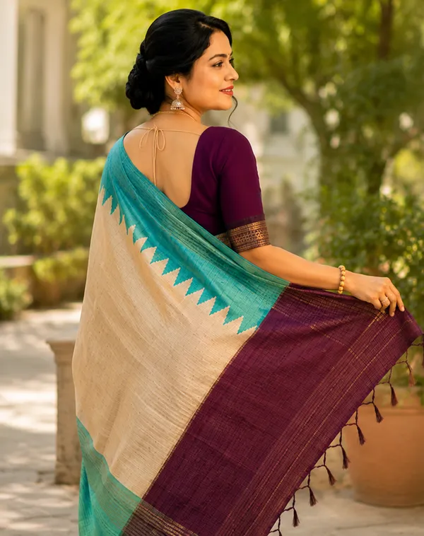 Soft_Tussar_Silk_sarees_with_Beautiful__Print_With_Attractive_Temple_Border_And_Contrast_Print_Blouse_With_Tassels_in_new_styles