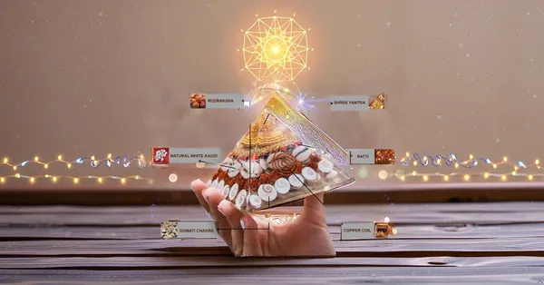 Multicolor_Crystal_Laxmi_Pyramid_With_Rudraksha_|_Shree_Yantra_Original_Gomati_Chakra_|_White_Kauri_And_Ratti_Seeds_For_Vastu_|_Money_|_Wealth_|_Good_Luck_|_Prosperity_|_Pack_Of_2