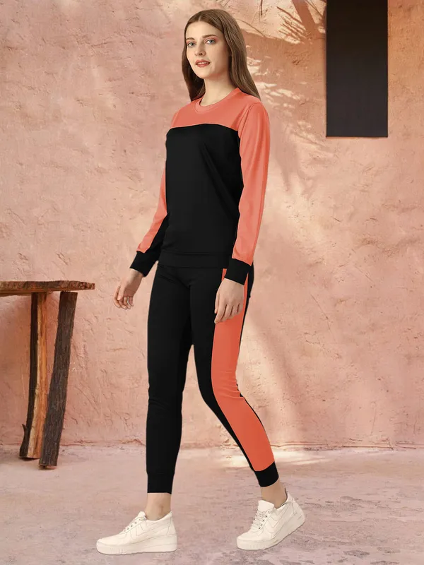 Orange_&_Black_Cotton_Blend_Colorblock_Regular_Track_Suit_For_Women