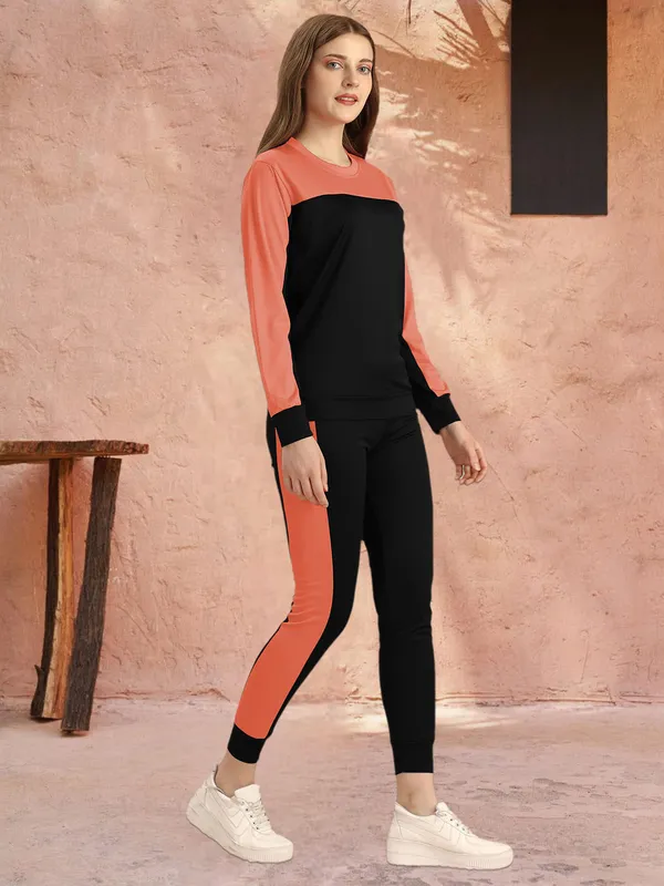 Orange_&_Black_Cotton_Blend_Colorblock_Regular_Track_Suit_For_Women