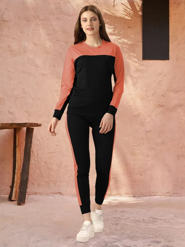 Orange_&_Black_Cotton_Blend_Colorblock_Regular_Track_Suit_For_Women