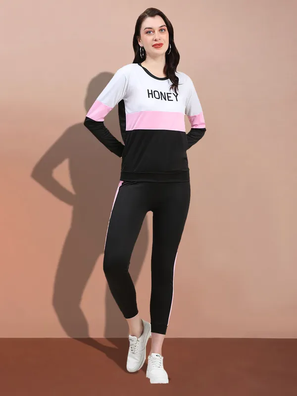 White_&_Pink_&_Black_Cotton_Blend_Printed_Regular_Track_Suit_For_Women