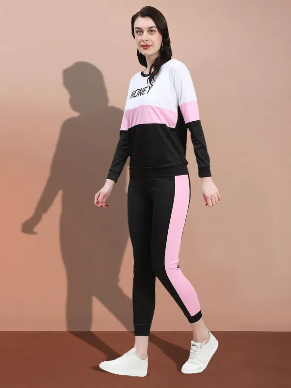White_&_Pink_&_Black_Cotton_Blend_Printed_Regular_Track_Suit_For_Women