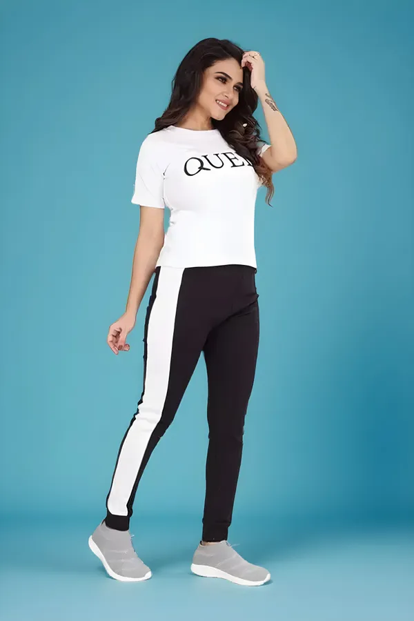 White_&_Black_Cotton_Blend_Printed_&_Solid_Regular_Track_Suit_For_Women
