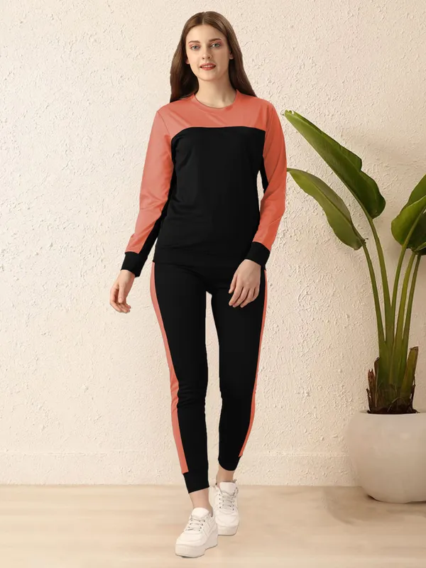 Orange_&_Black_Cotton_Blend_Colorblock_Regular_Track_Suit_For_Women