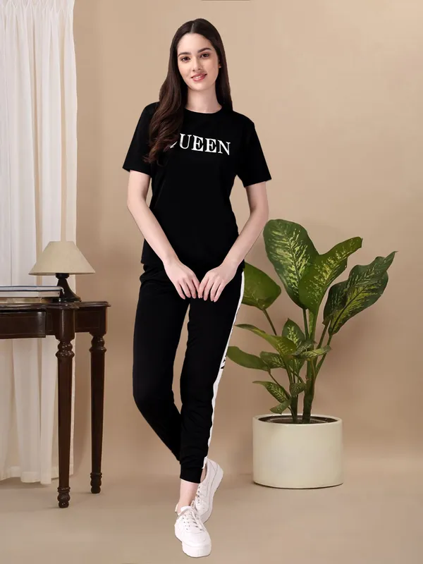 Black_&_White_Cotton_Blend_Printed::Solid_Regular_Track_Suit_For_Women