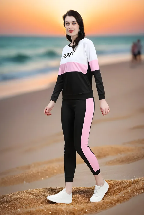 White_&_Pink_&_Black_Cotton_Blend_Colorblock_Regular_Track_Suit_For_Women