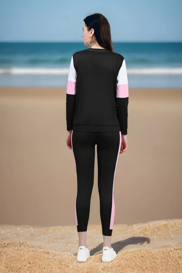 White_&_Pink_&_Black_Cotton_Blend_Colorblock_Regular_Track_Suit_For_Women