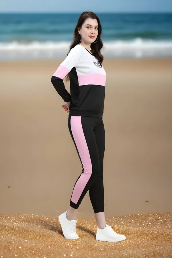 White_&_Pink_&_Black_Cotton_Blend_Colorblock_Regular_Track_Suit_For_Women