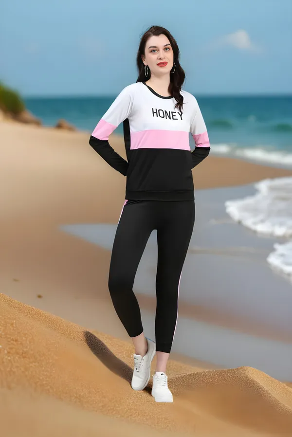 White_&_Pink_&_Black_Cotton_Blend_Colorblock_Regular_Track_Suit_For_Women