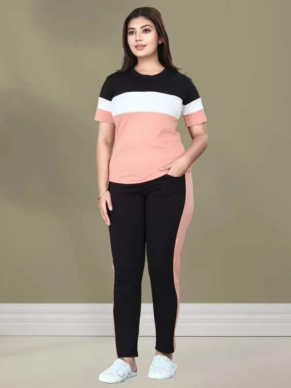 MF_WITH_SQUARE_Women_Black_Peach_Color_Block_Cotton_Blend_Tracksuit_Set_with_Pocket_|_Half_Sleeve_T-Shirt_&_Slim_Fit_Track_Pants_|_Stylish_Casual_Co-Ord_Set
