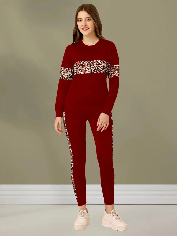 MF_WITH_SQUARE_Women’s_Maroon_Tracksuit_Set_with_Leopard_Print_Stripe_|_Full_Sleeve_Round_Neck_Top_&_Matching_Track_Pants_|_Stylish_2_Piece_Co-Ord_Set_for_Women_&_Girls