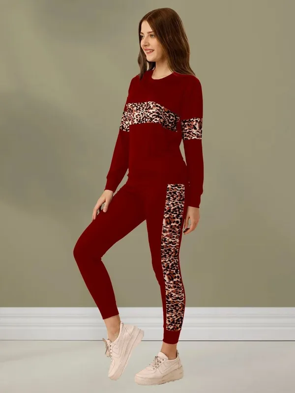 MF_WITH_SQUARE_Women’s_Maroon_Tracksuit_Set_with_Leopard_Print_Stripe_|_Full_Sleeve_Round_Neck_Top_&_Matching_Track_Pants_|_Stylish_2_Piece_Co-Ord_Set_for_Women_&_Girls