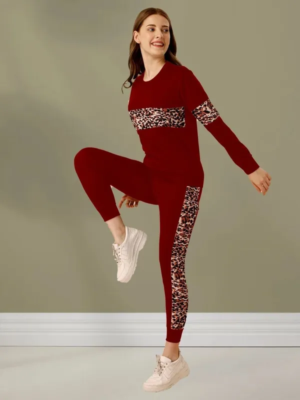 MF_WITH_SQUARE_Women’s_Maroon_Tracksuit_Set_with_Leopard_Print_Stripe_|_Full_Sleeve_Round_Neck_Top_&_Matching_Track_Pants_|_Stylish_2_Piece_Co-Ord_Set_for_Women_&_Girls