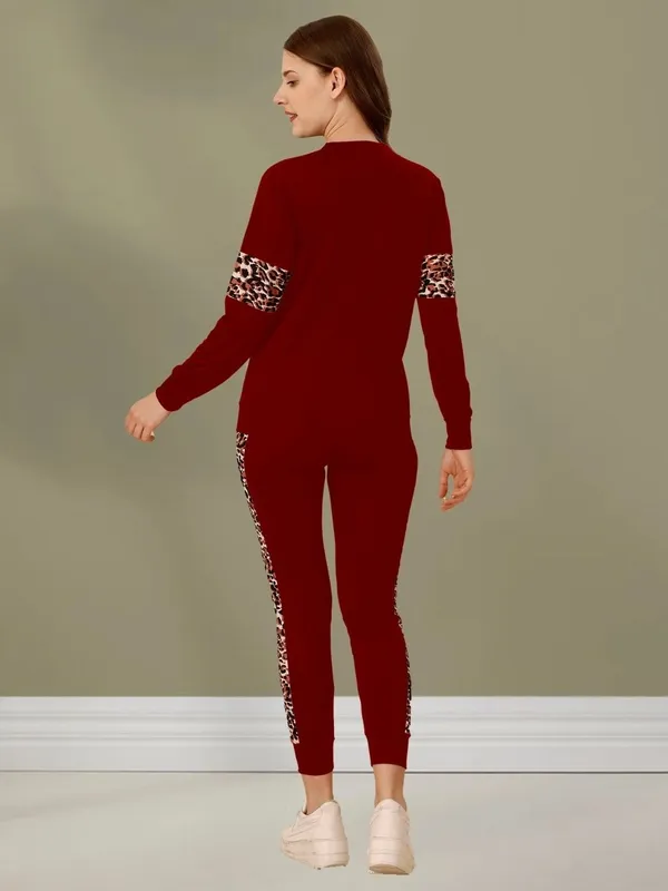 MF_WITH_SQUARE_Women’s_Maroon_Tracksuit_Set_with_Leopard_Print_Stripe_|_Full_Sleeve_Round_Neck_Top_&_Matching_Track_Pants_|_Stylish_2_Piece_Co-Ord_Set_for_Women_&_Girls