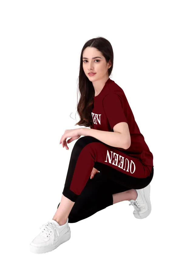 Maroon_&_Black_Cotton_Blend_Printed::Solid_Regular_Track_Suit_For_Women